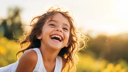 Child laughing in warm golden light over a grassy field — joyful 4K Ultra HD PC desktop wallpaper and background evoking happiness.