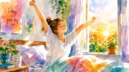 4K Ultra HD PC desktop wallpaper: watercolor scene of a woman stretching in bed at sunrise, sunlit window, plants and a Today is a good day note — waking up to a peaceful morning.