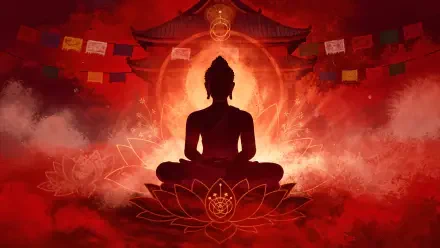 4K Ultra HD PC desktop wallpaper and background — red buddhism scene with a silhouetted meditating Buddha on a lotus, temple and prayer flags framed by a radiant halo.