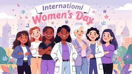 4K Ultra HD PC desktop wallpaper showing diverse, smiling women—some in lab coats—standing beneath a banner reading International Women's Day with confetti and a city skyline.