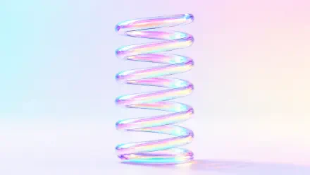 Iridescent glass-like spiral spring standing on a soft pastel gradient surface with gentle shadow — 4K Ultra HD PC desktop wallpaper and background.