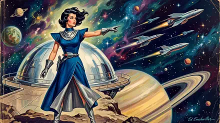 Retro sci-fi woman in a flowing blue dress points from a rocky outcrop toward sleek rockets, a domed station and ringed planet — 5K Ultra HD PC desktop wallpaper/background.