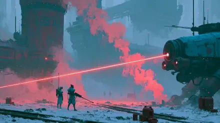 Sci-fi 2K Quad HD PC desktop wallpaper: two figures face a hovering robot firing a red laser across a snowy, smoke-filled industrial battlefield.