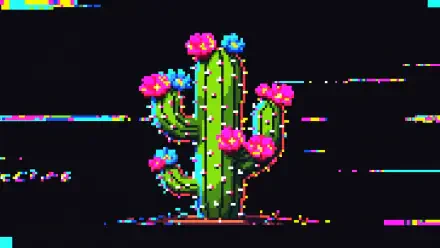 Pixel-art cactus with bright pink and blue cactus flowers on a glitchy black field — 4K Ultra HD PC desktop wallpaper and background.