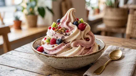 5K Ultra HD PC desktop wallpaper: swirled strawberry and vanilla frozen yogurt topped with berries and nuts in a ceramic bowl on a rustic wooden table.