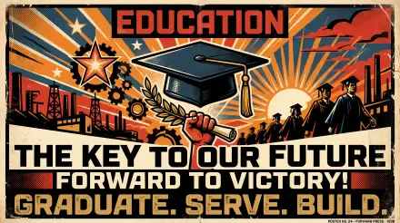 Propaganda-style education poster: central graduation cap, raised fist, marching graduates, industrial skyline and bold slogans — 5K Ultra HD PC Desktop Wallpaper and Background.