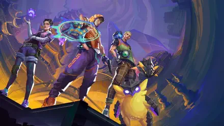 Valorant HD PC wallpaper: agents Clove, Gekko, and Miks strike bold poses, wielding glowing powers beside a robotic companion against a dramatic purple-gold battlefield backdrop.