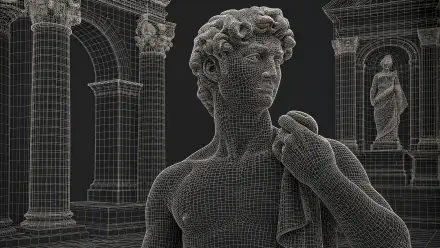 Wireframe-style classical marble statue amid arched colonnade, monochrome 4K Ultra HD PC desktop wallpaper and background.