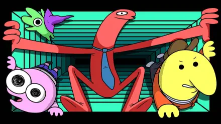 Smiling Friends characters strike an energetic pose against a retro teal-striped backdrop — colorful 4K Ultra HD PC desktop wallpaper and background.