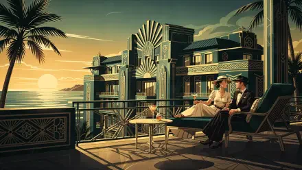 Art-deco seaside terrace at sunset with a well-dressed couple sipping cocktails on a balcony, palm trees and ocean view — weekend getaway; 4K Ultra HD PC Desktop Wallpaper and Background.