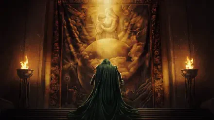 Doctor Doom kneels before a glowing mural in a dark throne hall — Avengers: Doomsday 5K Ultra HD PC desktop wallpaper and background, Marvel Comics Avengers.