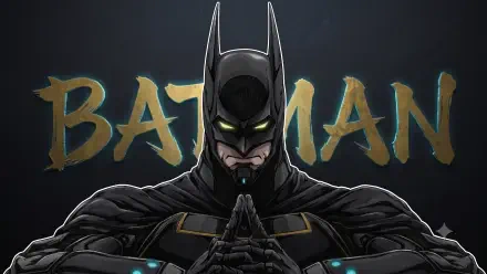 Anime-style Batman from Batman Ninja vs. Yakuza League, armored ninja pose with glowing eyes before gold BATMAN title — AI art 2K Quad HD PC wallpaper.