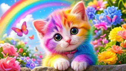 Cute cat with rainbow fur, big green eyes and a heart pendant amid vivid flowers and a rainbow — 4K Ultra HD PC desktop wallpaper.