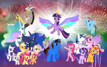 My Little Pony 4K Ultra HD PC desktop wallpaper: Twilight Sparkle soars center as the Mane cast and Spike gather below colorful fireworks.