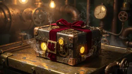 Steampunk Christmas present tied with a red bow on a worn metal table, glowing gauges and steam pipes in the background — 4K Ultra HD PC Desktop Wallpaper and Background.