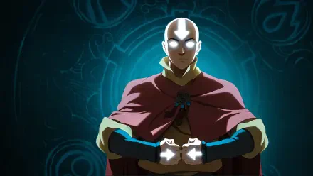 4K Ultra HD PC desktop wallpaper: Aang from Avatar: The Last Airbender meditates with glowing arrow and eyes, hands clasped, set against a blue-green mystical rune background.