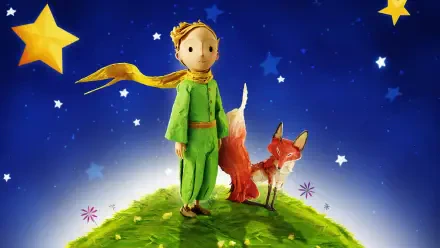 The Little Prince in a green suit and flowing yellow scarf stands with his fox on a tiny grassy planet beneath a starry blue sky — 4K Ultra HD PC desktop wallpaper/background.