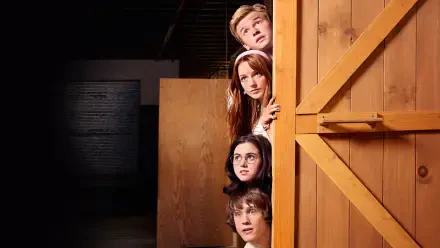 Live-action Scooby-Doo gang peeking from behind a wooden barn door — 4K Ultra HD PC desktop wallpaper/background with cinematic, moody lighting.