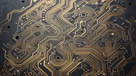 5K Ultra HD PC desktop wallpaper: close-up gold-on-black circuit board pattern with intricate traces, pads and solder points creating a high-detail technological texture.