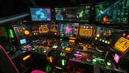 4K Ultra HD PC desktop wallpaper: high-detail spaceship control panel — multicolored buttons, glowing displays, star maps and holographic readouts in a sci-fi cockpit.