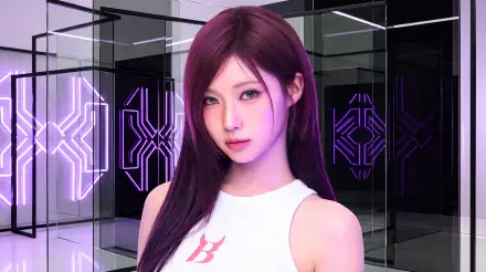 5K Ultra HD PC desktop wallpaper: cute Japanese model in K-pop, BABYMONSTER-inspired look with long purple hair, white tank top, neon geometric studio background.