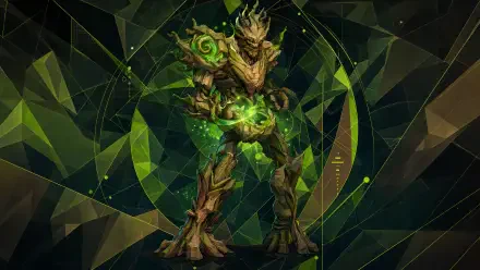 Marvel Rivals 4K Ultra HD PC desktop wallpaper: towering wood-armored warrior with a glowing green core, standing against angular, faceted dark-green geometric background.