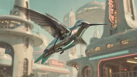 Futuristic metallic hummingbird with neon teal accents glides through a retro-futuristic cityscape — 4K Ultra HD PC Desktop Wallpaper and Background.