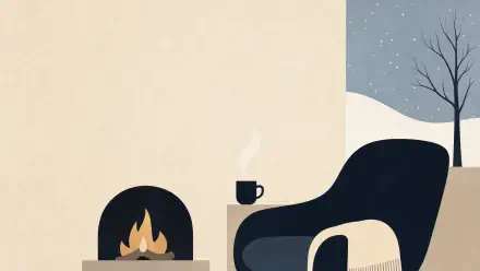Cozy winter 4K Ultra HD PC desktop wallpaper and background: minimalist interior with armchair, steaming mug, glowing fireplace and snow visible through a window.