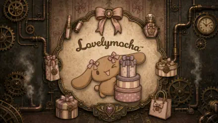 Lovelymocha 4K Ultra HD PC desktop wallpaper/background: steampunk frame with a cute bunny mascot, heart key, gifts, cake and gears in warm sepia tones.