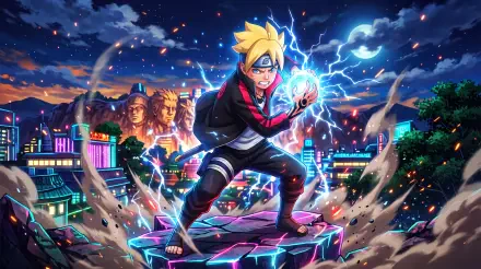 Boruto charging a crackling blue Rasengan on a shattered rooftop above a neon village at night, dynamic debris and lightning — 5K Ultra HD PC desktop wallpaper and background.