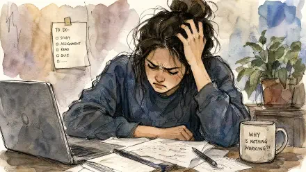 4K Ultra HD PC desktop wallpaper: watercolor of a frustrated person at a cluttered desk, rubbing their forehead amid laptop, scattered papers and a mug reading Why is nothing working?