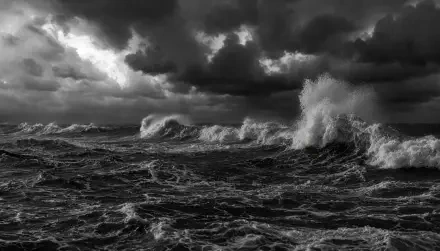 5K Ultra HD PC desktop wallpaper: stormy sea in monochrome — towering breakers, churning dark water and dramatic, brooding clouds, spray and motion under a tempestuous sky.