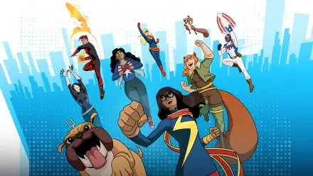 Marvel Rising 4K UHD PC desktop wallpaper and background: animated heroes — Ms Marvel front with fist raised, Squirrel Girl, America Chavez and others flying above a blue city skyline
