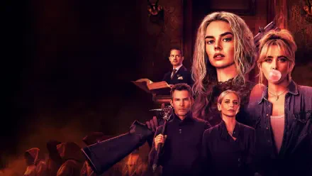 Ready or Not 2 4K Ultra HD PC desktop wallpaper — moody group of five in a shadowed mansion; central platinum‑haired woman and a blonde blowing bubblegum.