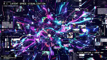 Glitchcore 5K Ultra HD PC desktop wallpaper: neon purple and cyan data streams, pixel glitches, floating UI fragments and cosmic visualization in a high-resolution cyberpunk aesthetic.