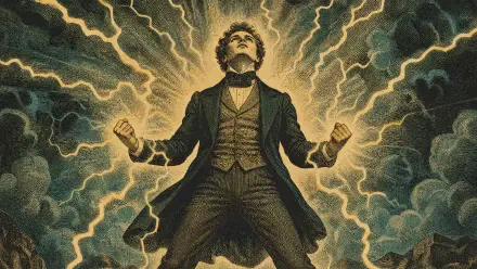 Dramatic vintage-clad man clenches fists as golden lightning radiates through storm clouds — 4K Ultra HD PC Desktop Wallpaper and Background