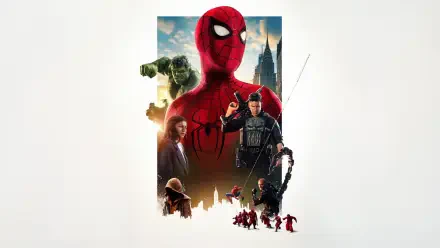 Spider-Man: Brand New Day — Spider-Man 5K Ultra HD PC desktop wallpaper showing the masked hero front-and-center over a city skyline with villains and dynamic action poses.