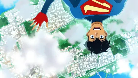 My Adventures With Superman 4K Ultra HD PC desktop wallpaper: anime-style Superman flying upside-down over a sunlit city with clouds and vibrant blues.