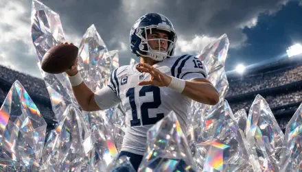 5K Ultra HD PC desktop wallpaper/background: helmeted quarterback (#12) winding to throw amid giant crystal shards beneath dramatic stadium lights.