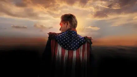 Homelander from the TV show The Boys (2019) stands with an American-flag cape and glowing red eyes against a dramatic sunset — 5K Ultra HD PC desktop wallpaper/background.