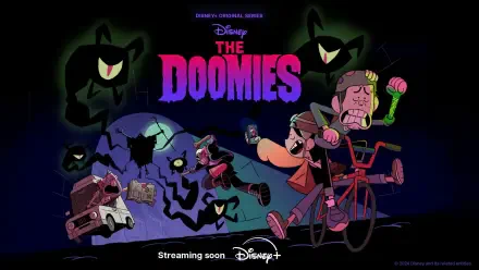 HD PC desktop wallpaper/background for the TV show The Doomies: neon logo above cartoon teens fleeing shadowy, grinning monsters as one pedals a bicycle through a spooky night scene.
