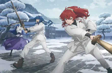 Anime wallpaper of Eris Boreas Greyrat from Mushoku Tensei: Jobless Reincarnation, charging with a sword alongside allies across a snowy courtyard — HD PC desktop background.