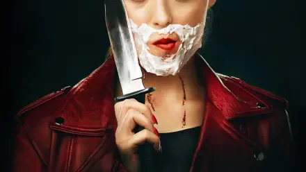 Freaky (Movie) HD PC desktop wallpaper: woman in a red leather jacket with a shaving-cream beard and red lips holds a large knife to her face, a thin trail of blood at her neck.