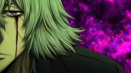 Cropped portrait of Kisuke Urahara from Bleach: Thousand-Year Blood War, blood streaking his face, green hair and bankai energy against a purple nebula — 5K Ultra HD PC wallpaper.