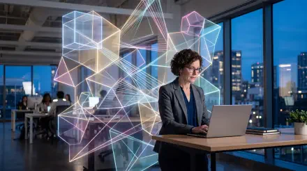 5K Ultra HD PC desktop wallpaper and background: corporate job scene — professional at a laptop in a modern office at dusk, surrounded by glowing geometric data visuals.