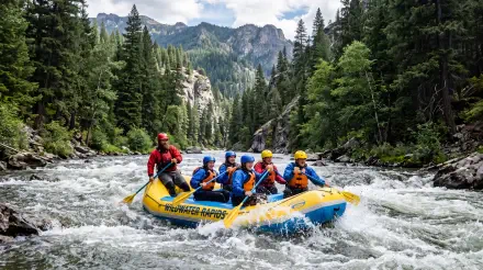5K Ultra HD PC desktop wallpaper/background: six rafters in a yellow raft navigating turbulent whitewater through a pine‑lined mountain river valley.