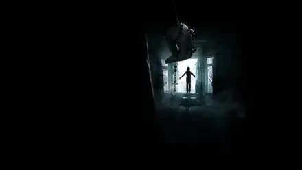 4K Ultra HD PC desktop wallpaper of The Conjuring 2: a dark, foggy hallway framing a backlit, outstretched silhouette in a doorway, eerie light casting long shadows.