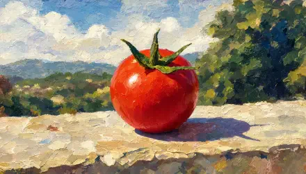 Bright cherry tomato on a sunlit stone ledge with distant hills and clouds — 5K Ultra HD PC desktop wallpaper and background.
