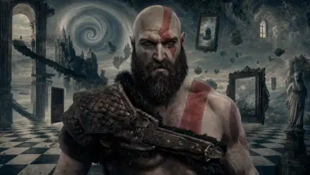 Kratos (God of War) stares forward with red war paint and leather strap across his chest amid floating frames and a swirling sky — 4K Ultra HD PC desktop wallpaper and background.
