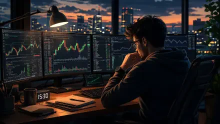 Trading 4K Ultra HD PC desktop wallpaper: a trader at a multi-monitor desk analyzing live market charts at dusk, city skyline visible through the window.